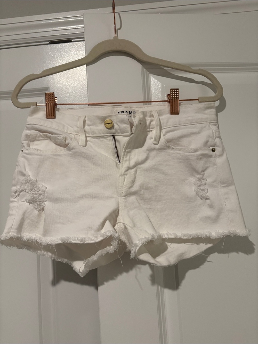 Frame Denim White Distressed Frayed Hem Jean Shorts Le Cutoff Size 24